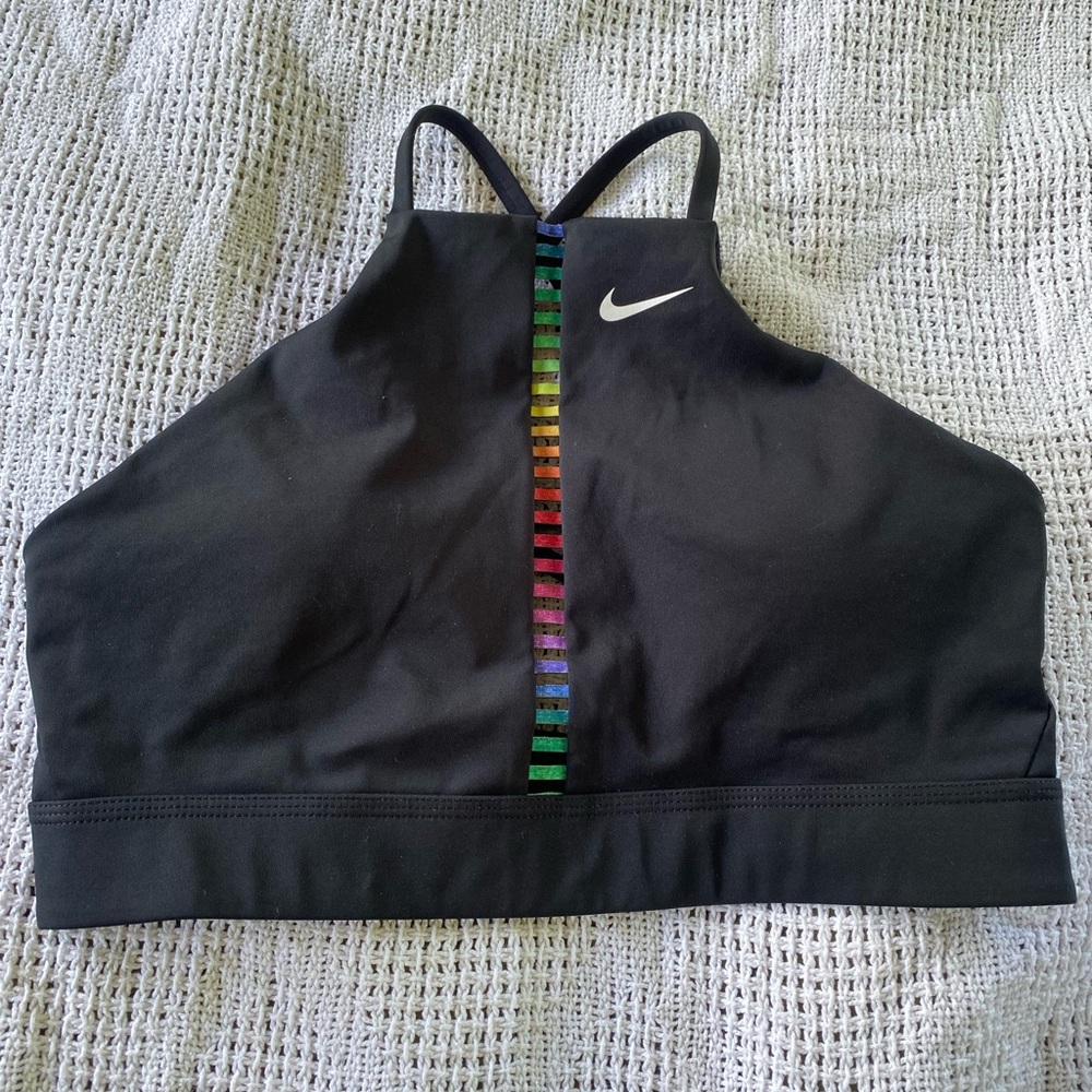 Nike Black High-Neck Sports Bra with Rainbow Center Stripe